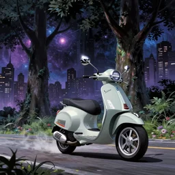 vespa action shot racing through the cosmic city of trees flcl by makoto shinkai concept art by syd mead