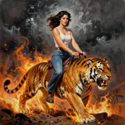 ultra realistic portrait painting of a woman riding a saber tooth tiger surrounded by fire, art by frank frazetta, vintage levi ’ s ad, stormy weather, dark vibes, 4 k, ultra realistic, highly detailed, epic lighting
