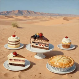 a desert landscape by Wayne Thiebaud of desserts, cakes, layer cakes, cupcake, pies, in the desert landscape,
