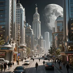 Street photo in a crowded future Russian city on Moon, Neo Norilsk, sci-fi, 35mm, intricate, very very beautiful, elegant, highly detailed, smooth, Unreal Engine 5, sharp focus, by Evgeny Zubkov, by Marat Zakirov, trending on Behance