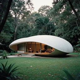 architecture ad for a mid - century modern house in the middle of the forrest designed by zaha hadid. shell. film grain cinematic colorize