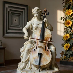 a marble statue of a woman playing cello, 🌼🌻🍂, 8 k, early morning light, cinematic light, in the style of mark ryden and mc escher and ernst haeckel,
