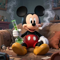mickey mouse holding a cannabis glass bong while sitting on a couch in a messed up apartment, digital art, highly detailed, artstation, sharp, smoke