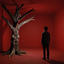 Still frame the retro Twin Peaks, depicting the red room scene from Twin Peaks, a little man and a dead tree are in the room, directed by Nobuhiko Obayashi