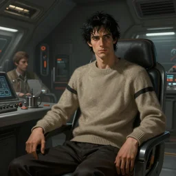 concept art by greg rutkowski, a very tall, and slender man with messy black hair, wearing a beige and black sweater, sitting in the spaceship command bridge, brutalist futuristic interior, dark lighting atmosphere, detailed portraits, nostalgic atmosphere, scifi, digital painting, artstation, concept art, smooth, sharp foccus ilustration, artstation hq