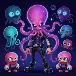 psychic punk rocker electrifying rockstar with vampire squid head concept character designs of various shapes and sizes by genndy tartakovsky and splatoon by nintendo and the psychonauts franchise by doublefine tim shafer artists as well as the artist for the new hotel transylvania film