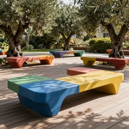 creative concrete benches, colorful, olive trees, decking