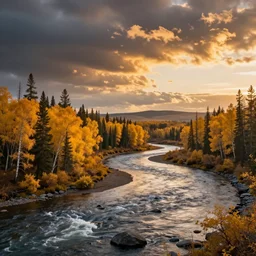 amazing landscape photo of golden taiga and river in sunset by marc adamus, beautiful dramatic lighting