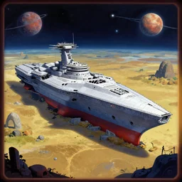 in front of a crashed battle cruiser, on a remote planet, from a space themed point and click 2 d graphic adventure game, art inspired by thomas kinkade