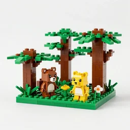 lego mini build of forest creatures that live in the imagination forest, product photography, depth of field, cute looking, sharp focus, moebius, character sheet, game concept art