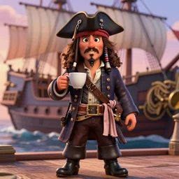 portrait of the pirate blackbeard holding a cup of coffee, full body with a pirate ship on background. pixar disney 4 k 3 d render funny animation movie oscar winning trending on artstation and behance. ratatouille style.