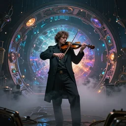 a extremely detailed masterpiece of a violin singer in a steampunk, psychedelic symmetric lights and fog, opening a portal into another dimension, in the style of zdzislaw beksinski glowing light and shadow, hyperrealist, 8 k