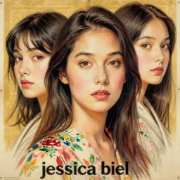 “ jessica biel portrait by ikenaga yasunari and ayana otake and ko rakusui, 6 0 s poster, drawing, realistic, sharp focus, japanese, dreamy, nostalgia, faded, golden hues, floral clothes, porcelain skin ”