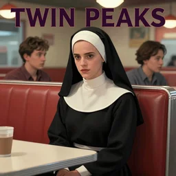 Twin Peaks poster artwork by Michael Whelan and Tomer Hanuka, by Alexey Kot, Rendering of Emma Watson dressed a nun sitting at a diner booth, full of details, by Makoto Shinkai and thomas kinkade, Matte painting, trending on artstation and unreal engine