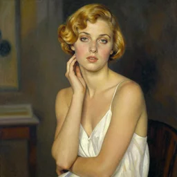 olive skinned blonde female model in her twenties by artist tamara de lempicka