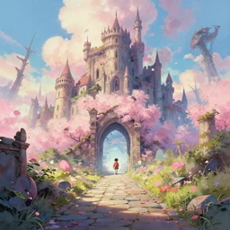 a dreamy emotional cryengine of stone pathway through portal to dystopian post - apocalyptic abandoned castle, studio ghibli, pixar and disney exploded - view drawing, sharp, disney octane render splatter paint vray by shinji kimura and alphonse mucha and alena aenami, maximalist pastel color palette, ( ( bloom ) ), dramatic lighting