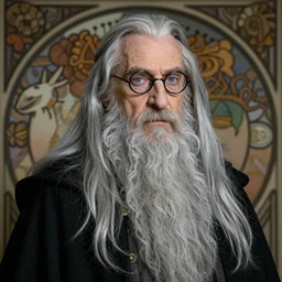 portrait of very tall and big 8 0 - year - old man, with blue eyes, very long silver hair, and very long silver beard, a long crooked nose, wearing half rounded glasses as dumbledore, wearing in black cloak, hyper realistic face, beautiful eyes, fantasy art, in the style of greg rutkowski, intricate, alphonse mucha, hyper detailed, smooth