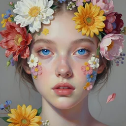 portrait of beautiful girl, blue eyes, covered in flowers by kilart, artgerm, 8 k, hyper detailed, hyper realism, acrylic paint, surrealism, smooth, sharp focus, michael page