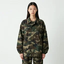 photograph of a female model wearing camouflage by yohji yamaoto in the style of daido moriyama, camera obscura