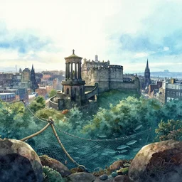 incredible wide screenshot, ultrawide, simple watercolor, rough paper texture, underwater edinburgh castle, edinburgh city, calton hill, backlit shot, fishing net, fish shoal, reef, boulders, pencil marks, shinjuku, koji morimoto, katsuya terada, masamune shirow, tatsuyuki tanaka hd, 4 k, remaster, dynamic camera angle, deep 3 point perspective, fish eye, dynamic lighting