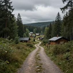 a cabin town surrounded by forest, artstation, path, detailed, cloudy, 4 k