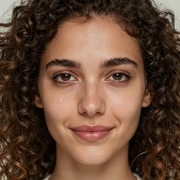 portrait photo of a beautiful woman with curly hair, close - up shot, symmetrical face, facing the camera, symmetrical detailed defined eyes, sad smile, one long tear below the left eye