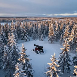 aerial photography in a fantasy style, lapland, cannon snow covered trees, volymetric light, dusk