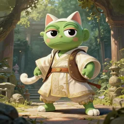 kawaii, dynamic brush strokes, linear gamma, dynamic, natural light, costume design made by pepe, sophisticated composition, old masters light composition, procedural, epic cat posing conceptart, beautiful ancient garden behind, substancedesigner, pbr, ultra detailed, hyperrealistic, megascans, volumetric light, concept master, painttoolsai, final, gain