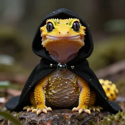 yellow humanoid gecko wearing a black cloak ; hood pulled over head ; large eyes ; yellow skin ; fantasy race