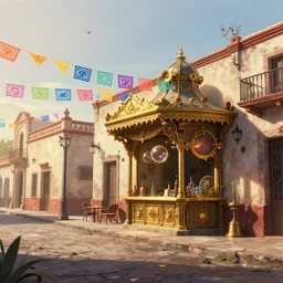 angled photo digital art illustration of a street in a clean minimalist blade runner traditional mexican small town, kiosko, papel picado confetti decorations, dia de muertos, postapocalyptic disney, pixar, muted color palette, high quality digital painting by, simon besombes, kacper niepokolczycki, studio ghibli, shinny gold steampunk details, golden hour, muted colors, biomechanical, lens orbs, global illumination, lounge, architectural, volumetric lighting, blender, vray, masterpiece