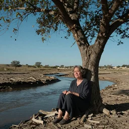 65-year-old woman merged with a tree, crying one single tear, facing the camera and sitting on a dried up river in a desolate land, blue sky, hot and sunny, highly-detailed, elegant, dramatic lighting, artstation, 4k, cinematic landscape, photograph by Elisabeth Gadd