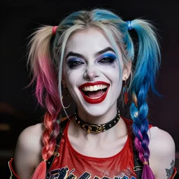 evil harley quinn, insane crazy laugh, blue hairs, double long braids blue, no makeup, tane skin tone, portrait shinkai makoto artgerm rossdraws james jean marc simonetti highly detailed intricate matte sharp focus digital painting artstation pixiv