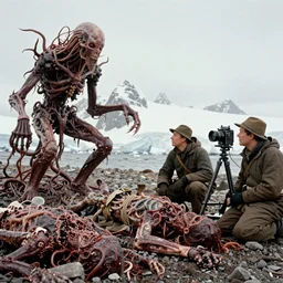vintage photograph of Antartic expedition members looking at several corpses of eldritch elder being servitor ogranic blood and guts shoggoth mutated anatomy bodies, mountains of madness by H.P. Lovecraft, hyper photorealism, cinematic shot, low angle, 35mm 1926. camera lens, retro, movie still footage