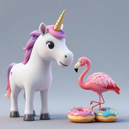 a unicorn with flammingo neck is pooping rainbow colored donuts, unreal engine, octane render