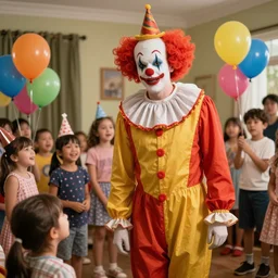 Hannibal Lector as a clown at a kids birthday party