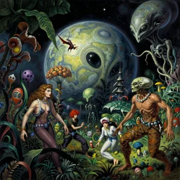 hypercomplex image of a alien planet with lush flora, dramatic, action horror by lisa frank, alex grey, karol bak, greg hildebrandt, and mark brooks, rich deep colors. beksinski painting, part by adrian ghenie and gerhard richter. art by takato yamamoto