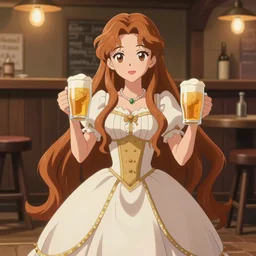 fable princess brings two glasses of beer, long hair down to the floor, beautiful face, tavern interior, anime style, digital art