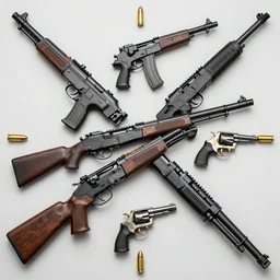 kaleidoscope of machine guns, shotguns, rifles, revolvers, bullets, ultra-realistic, intricate details photograph,