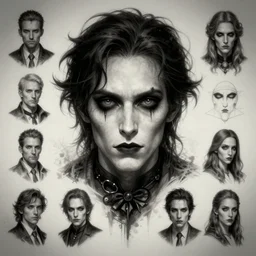 gothic character face detail designs, Enki Bilal, Greg Rutkowski, character sheet, Darek Zabrocki, Karlkka, Jayison Devadas, Phuoc Quan, trending on Artstation, 8K, ultra wide angle, pincushion lens effect