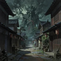 painting of a traditional asian village street, with a statue of a strange and surreal god ; a high definition screenshot from the haunting and mystical dark fantasy science fiction anime anime anime film ; digital painting by peter mohrbacher and makoto shinkai, trending on artstation