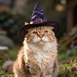 beautiful cat with a wizard hat in the shire
