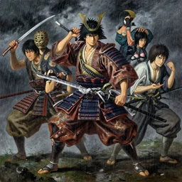 baroque oil painting of key visual epic samurai war, rain, storm, realism, fake detail, trending pixiv fanbox, acrylic palette knife, style of makoto shinkai takashi takeuchi yoshiyuki sadamoto greg rutkowski chiho aoshima, artstation, manga