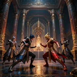 fantasy sci fi characters fight in ancient temple, dark vibrant colors, action scene, 8 k, lumen reflections, sharpened, insanely detailed and intricate, hypermaximalist, elegant, ornate, hyper realistic, super detailed, digital art