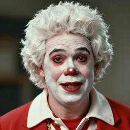 film still photo portrait of ronald mcdonald with the face of joaquin phoenix, ronald mcdonald, realistic, hyperrealistic, 8 k resolution, hd quality, very detailed, highly detailed, intricate details, real life, real world, trending on artstation, digital art, really realistic, very realistic, headshot, head in frame, photograph, portrait