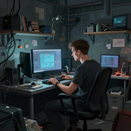 a man sitting at a computer in a messy cluttered room, cyberpunk art by Victor Mosquera, Anton Fadeev, omineAdrian theCHAMBA, behance contest winner, pixiv contest winner, tumblr contest winner, panfuturism, deconstructivism, parallax, https://i.ibb.co/Wz2Fw91/sebastian-szmyd-vhs-cyberpunk-2.jpg