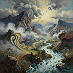 An insane, modernist landscape painting. Wild energy patterns rippling in all directions. Curves, organic, zig-zags. Mountains, clouds. Rushing water.