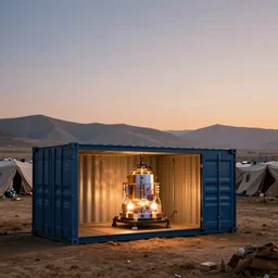 a glowing nuclear microreactor inside a shipping container against a backdrop of a Yemen refugee camp, afrofuturism, peaceful, serene