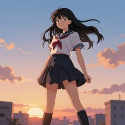 school girl, school uniform, seifuku, pleated miniskirt, overknee socks, battle angel alita. by rembrandt 1 6 6 7, illustration, by konstantin razumov, by william - adolphe bouguerea, sunset