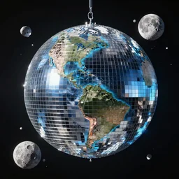 giant disco ball in space attacking planet earth, destroyed moon, fractured planet, highly detailed, 3d