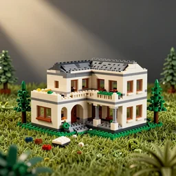 a crashed villa made out of lego, pieces of lego laying on the lawn